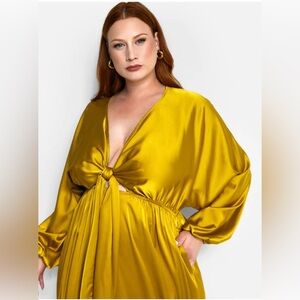 Rebdolls Calliope Chartreuse Flowy Tie Front Deep V Dress Satin A Line 3X Pocket